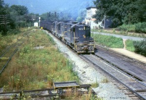 GP9 leads a coal train through Prince, WV, 1968 -Donald Haskel